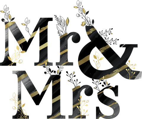 Mr and mrs typography with gold and black floral design transparent background