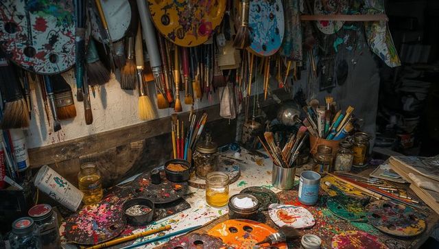 Paint-splattered artist workbench featuring hanging palettes, jars and brush collection