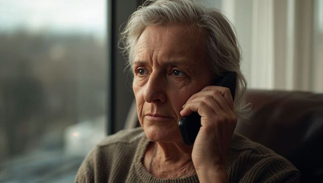 Pensive senior woman talking on phone near window at home, thoughtful elderly communication