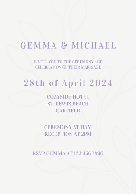 Beautiful floral wedding invitation perfect for announcing a marriage ceremony. Subtle floral patterns with sophisticated text layout and light purple color scheme. Ideal for modern, elegant wedding themes. Suitable for both physical and digital use to inform guests of wedding details including time, location, and RSVP instructions.