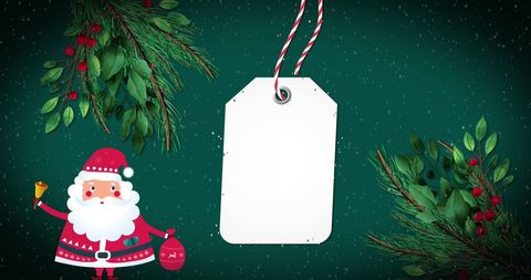 Festive christmas tag with cartoon santa claus and greenery