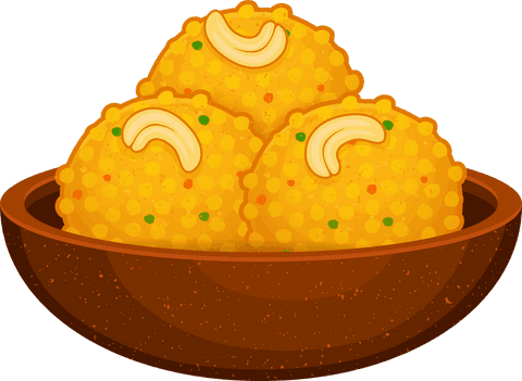 Traditional Indian Laddoo in Brown Bowl with Halved Cashews on Transparent Background