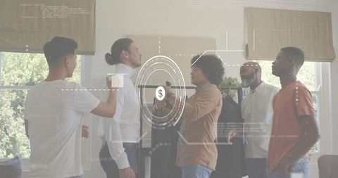 Mens wardrobe fitting team adjusting suits and shirts for lookbook with hud overlay