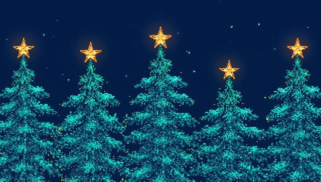 Pixel art christmas tree crowns glowing teal on navy night with golden stars and sparkles