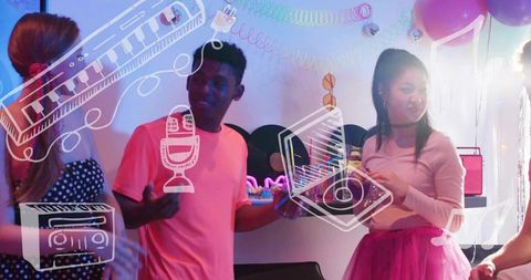 Young adults mingling at neon retro music party with vinyl records and pink decor