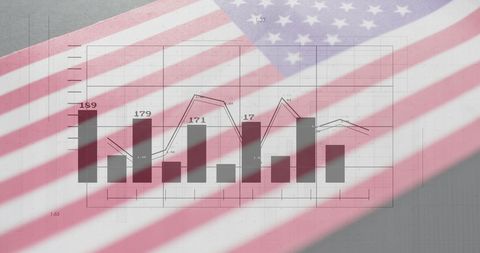 Graph Data Overlapping US Flag Visualizing Global Business Trend