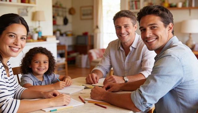 Smiling family doing homework and crafts together at sunlit dining table, home learning