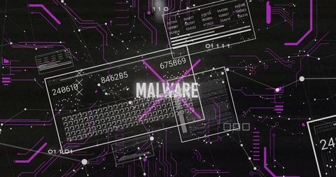 Malware Alert on Cybersecurity Dashboard Showing Digital Keyboard and Neon Circuit