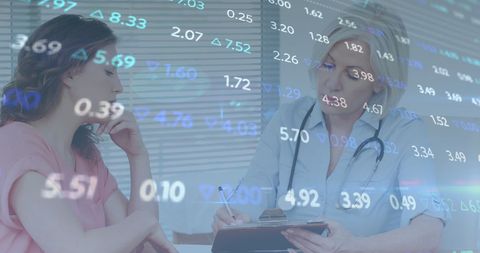 Data Processing Overlay with Female Doctor and Patient Consultation