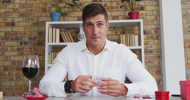 Man dressed in a white shirt, sitting at a table with wine glass and gifts, suggesting a romantic setting. Ideal for use in content related to love, relationships, intimacy, valentines day celebrations, or advertisements for romantic gifts and gestures.