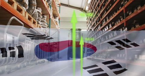 South korean flag with warehouse interior and growth arrow