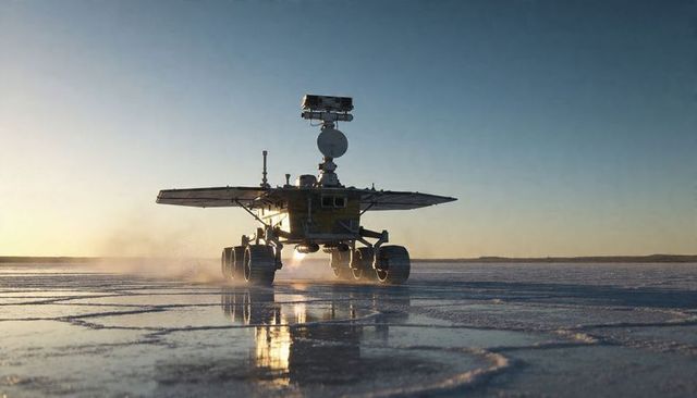 Autonomous exploration rover crossing salt flat at sunrise with solar panels and mast
