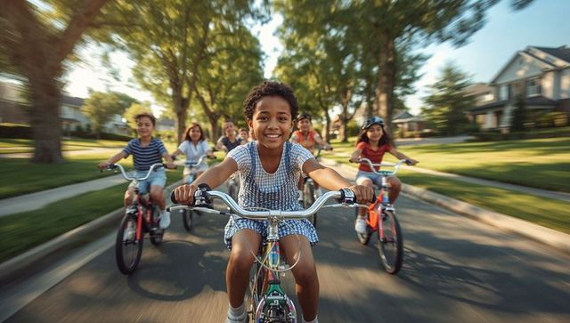 Joyful Kids Cycling Together on Suburban Street