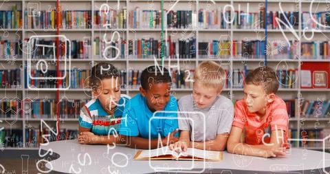 Four Boys Reading Together in School Library with Science Graphic Overlays