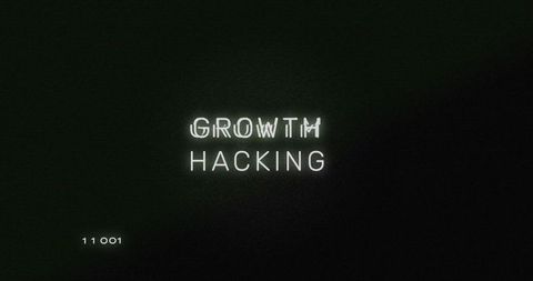 Glitchy growth hacking text with cyber scanlines, green noise and retro computer vibe