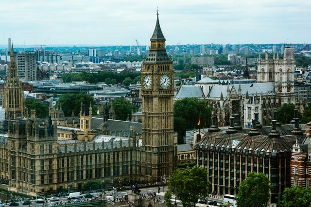 This image captures an iconic aerial view of Big Ben and surrounding architectural landmarks in London. The historic structures and modern cityscape make it suitable for travel blogs, tourism promotions, and educational materials about British history and architecture.