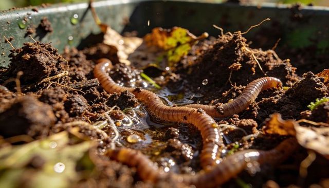 Sunlit earthworms wriggling through moist potting soil and compost, close-up macro detail