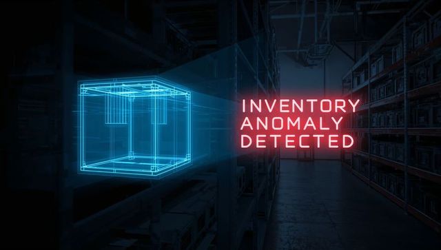 Warehouse holographic cube alert, inventory anomaly detection interface with neon text