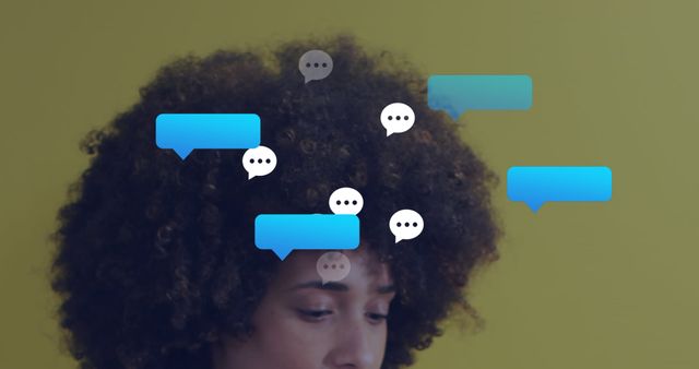 Image of message icons and speech bubbles over close up of a african american woman smiling. Social media networking and business technology concept