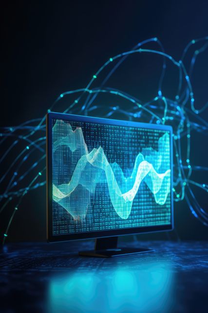 Abstract digital graph displayed on computer monitor, glowing blue lines representing data. Useful for illustrating data analysis, technology, IT concepts, and digital communication in articles, presentations, and marketing materials.