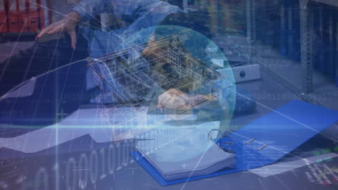 Digital Financial Data Overlaid on Businessman in Office