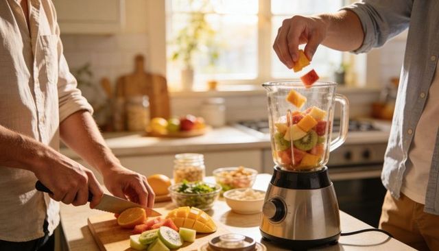 Two men preparing colorful tropical fruit smoothie with blender in sunlit home kitchen