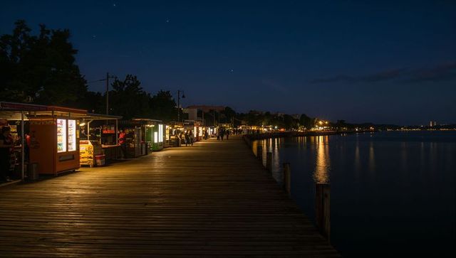 Night waterfront boardwalk with lit vendor stalls, strolling crowd and golden reflections