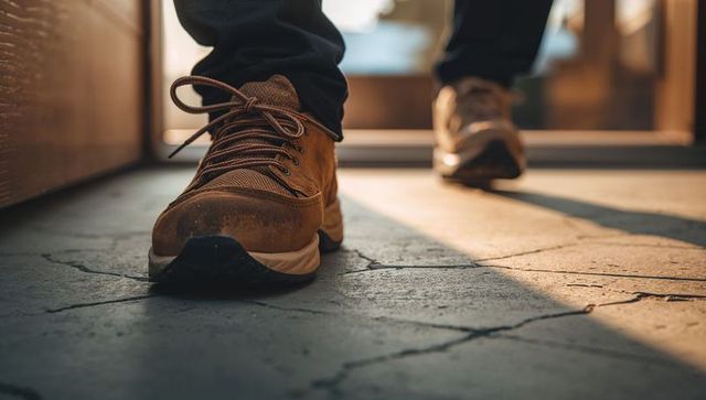 Rugged brown suede boot stepping on cracked stone floor at sunlit doorway, close-up