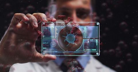 Doctor Presenting Digital Interface with Virus Analysis