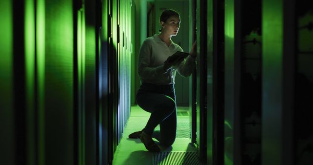 Female technician is seen kneeling in a dimly lit server room, engaging with servicers using a digital tablet. The green lighting provides a futuristic, high-tech atmosphere. Suitable for illustrating technology jobs, IT infrastructure, data centers, or cybersecurity themes.