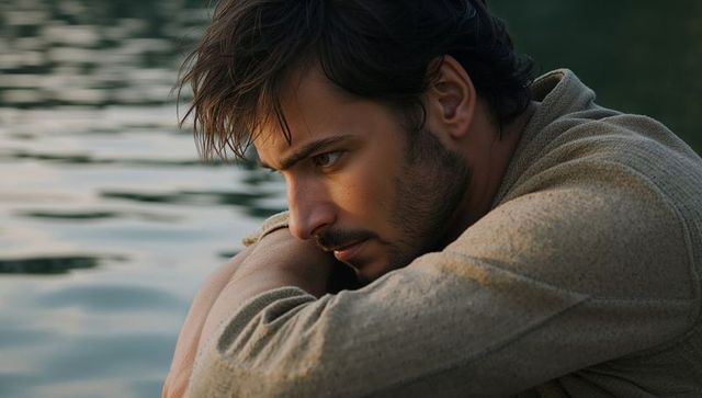 Leaning man gazing at rippled lake water during golden hour, contemplative portrait