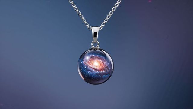 Hanging galaxy glass pendant catching light silver chain cabochon cosmic necklace jewelry