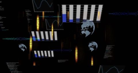 Dark tech dashboard displaying layered analytics, globe icons, waveform telemetry