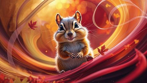 Whimsical chipmunk surrounded by magical autumnal swirls