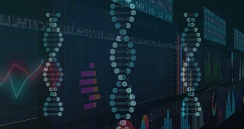 Futuristic genomics dashboard showing neon dna helices and real-time data visualizations