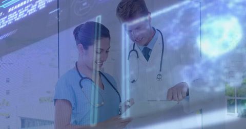 Healthcare Professionals Analyzing Medical Data with Technology Overlay