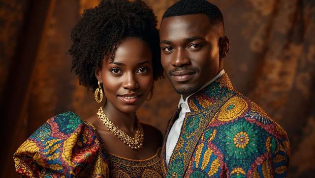 Posing couple wearing vibrant wax-print outfits and layered gold jewelry, warm portrait
