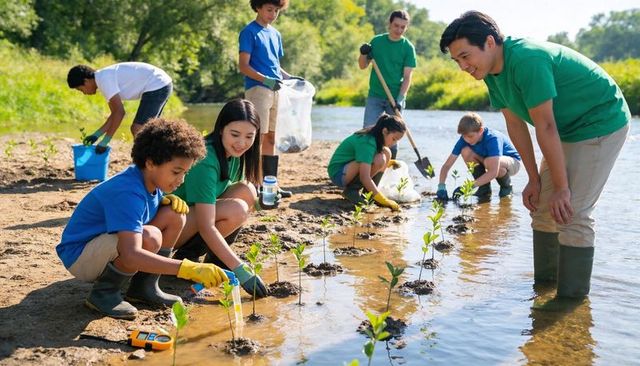 Youth and adult volunteers planting riverbank seedlings restoring riparian habitat