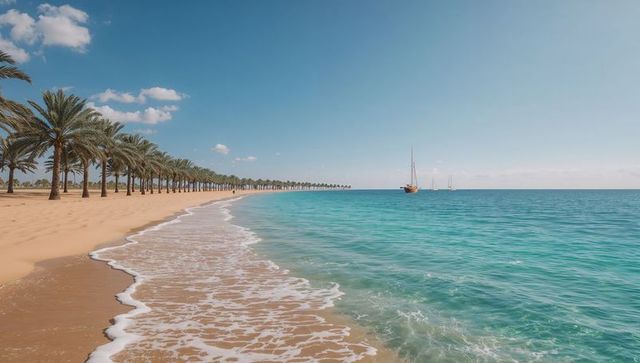 Sunlit lapping waves along turquoise shoreline with palm-lined beach and sailing yachts