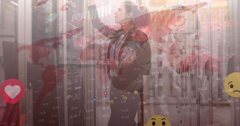 This visual of a female IT professional active in a server room is perfect for depicting themes related to cybersecurity, digital transformation, and global technology solutions. Highlighting a blend of server equipment with digital data projection overlaid on her work environment, it emphasizes innovation and expertise in systems communication and worldwide data integration. Ideal for use in advertisements, educational materials, or articles about tech industry careers and technological advancements in business operations.