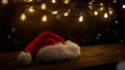 Santa Hat Resting on Wooden Table under Warm String Lights, Snowflakes Falling