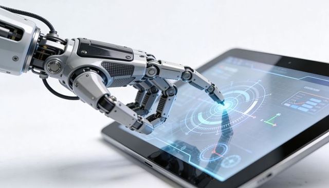 High-tech robotic arm touching tablet holographic interface displaying blue circular UI