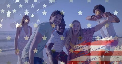 Diverse Friends Celebrating Beach Vacation with USA Flag Overlay