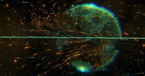 Holographic Point-Cloud Globe Streaming Neon Data with Audio Waveform in Dark Cyber Void