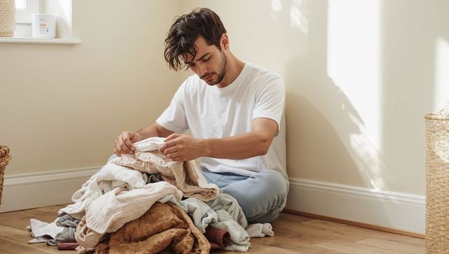 Young man folding laundry on sunlit wooden floor in minimalist neutral home interior morning routine