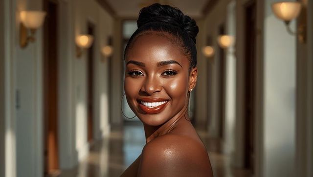 Smiling woman posing over shoulder in luxury hotel corridor with hoop earrings and glossy skin