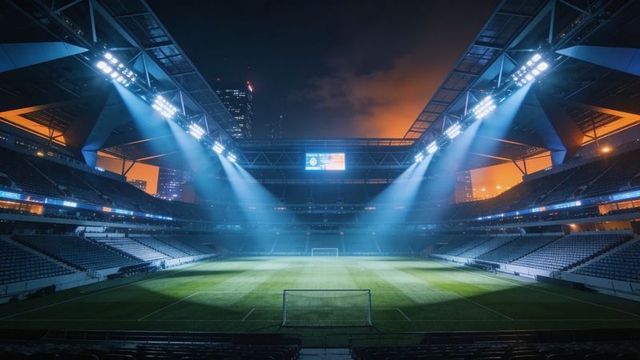 Empty Soccer Stadium at Night Illuminating Pitch with Dramatic Floodlights and Urban Glow