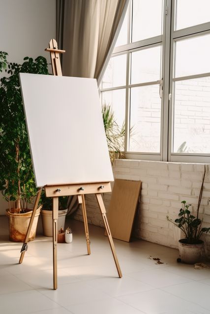 Bright sunlit art studio with a blank canvas on an easel. Surroundings include artist tools, greenery, and large windows providing natural light. Ideal usage for themes on creativity, artistic inspiration, and minimalist design. Suitable for blogs, websites, brochures promoting art classes, studios, or creative workspaces.
