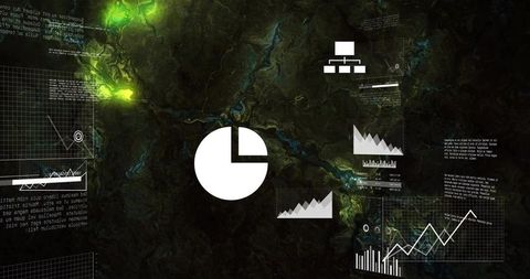 Visualizing analytics dashboard over neon topographic map with pie chart and graphs