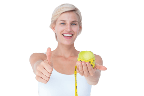 Transparent cheerful woman holding apple with measuring tape thumbs up